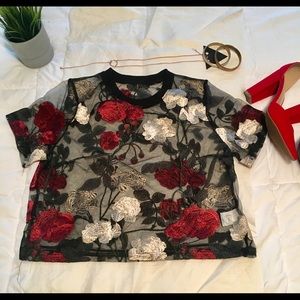 Embroidered mesh rose crop top